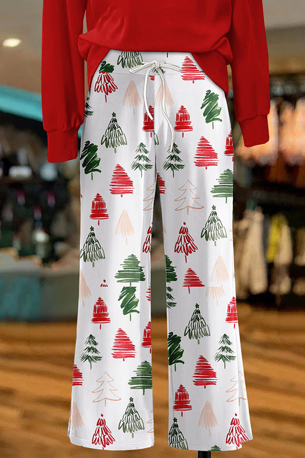 Vintage Christmas Tree Print Wide Leg Trousers