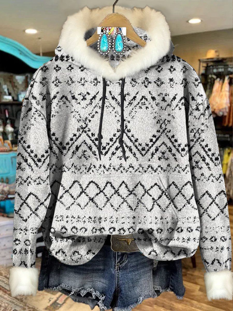 White Vintage Aztec Print Imitation Rabbit Fur Trim Casual Hoodie Sweatshirt