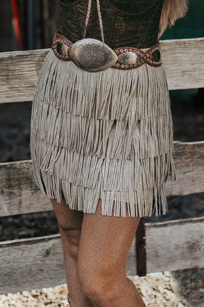 Vintage Layered Fringed Suede Skirt