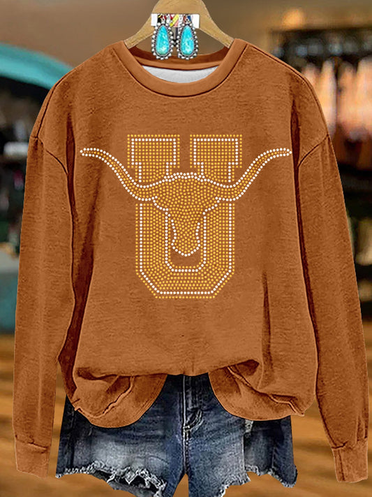 Orange Bull Head Print Casual Sweatshirt