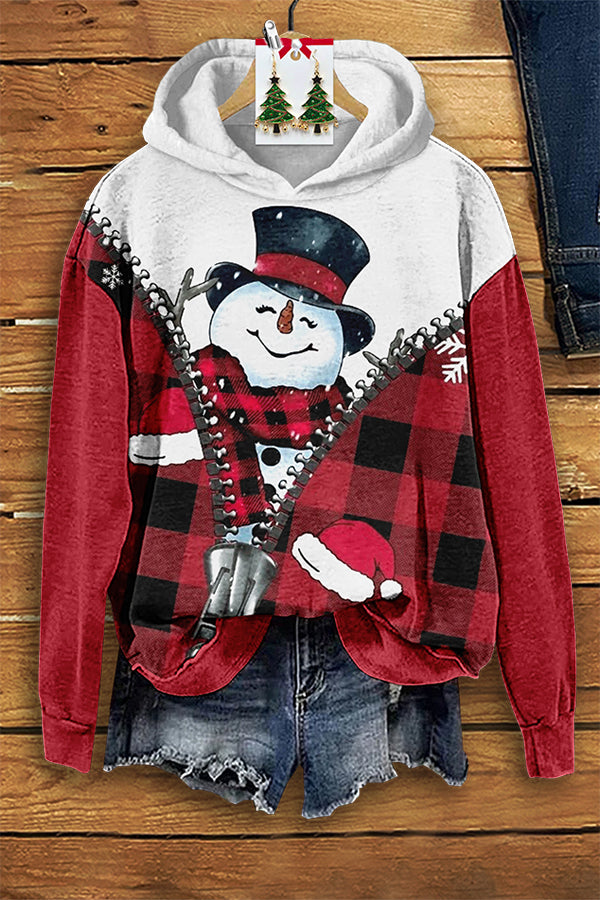 Classic Christmas Snowman Check Print Hoodie