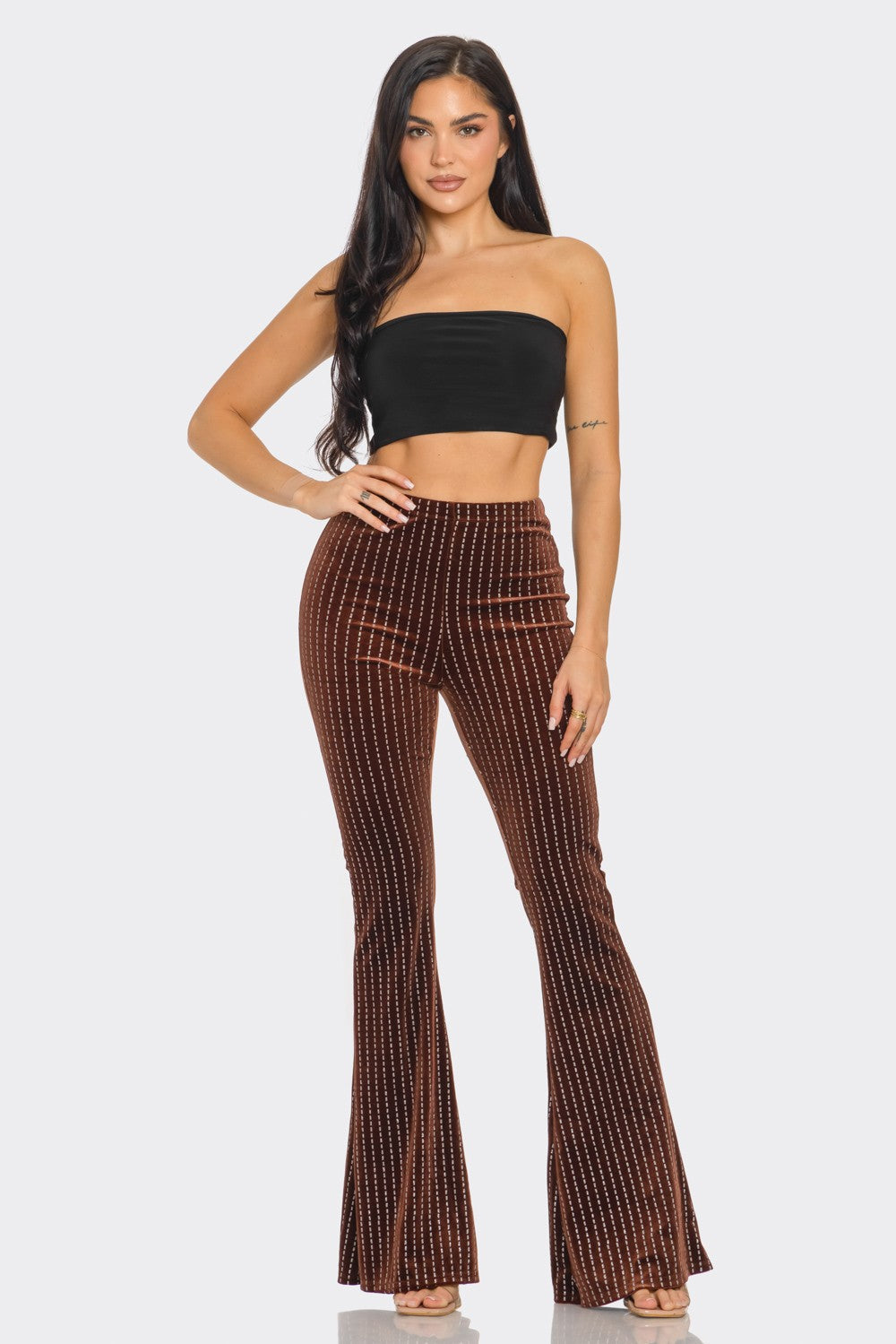 Brown Velvet Flare Bell Bottom Pants with Glitter Detail 31" inseam