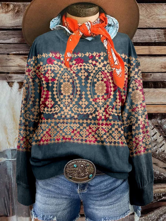 Women's Vintage Casual Print Corduroy Sweatshirt