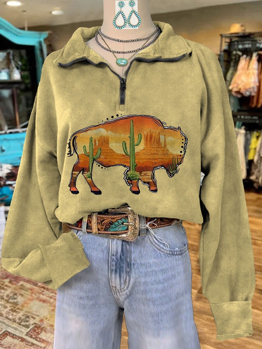 Vintage Bison Print Casual Long Sleeve Zip Sweatshirt