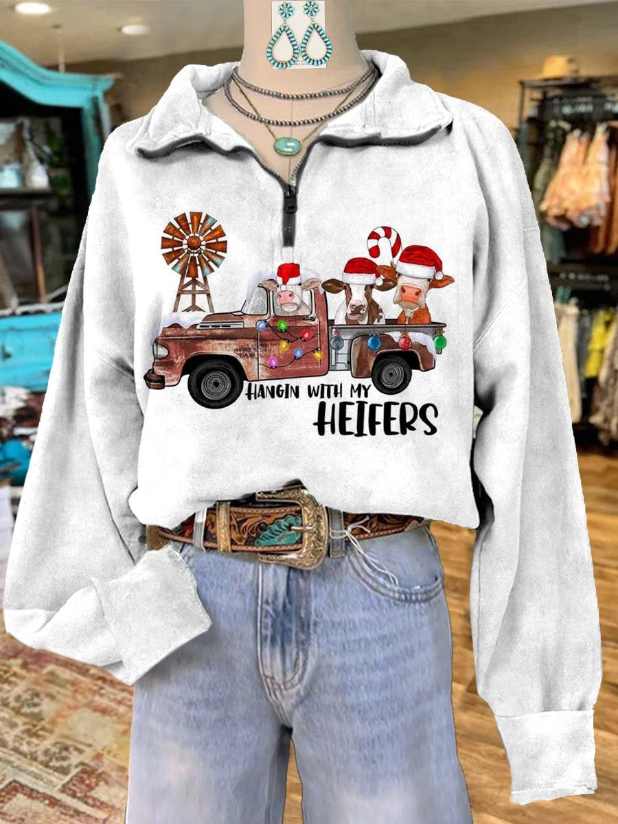 Western Christmas Print Casual Long Sleeve Zip Sweatshirt