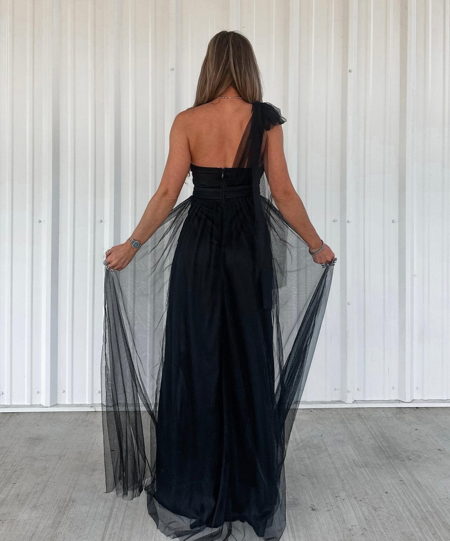 Strapless Tulle Maxi Dress-Black