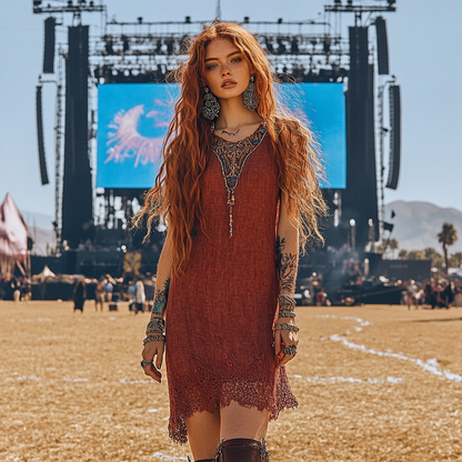 Music Festival Rock Rave Party Vintage Wasteland Ethnic Lace Tassel Floral Linen Dress