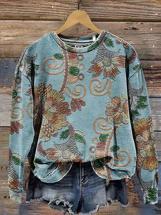 Vintage Floral Art Print Casual Sweatshirt