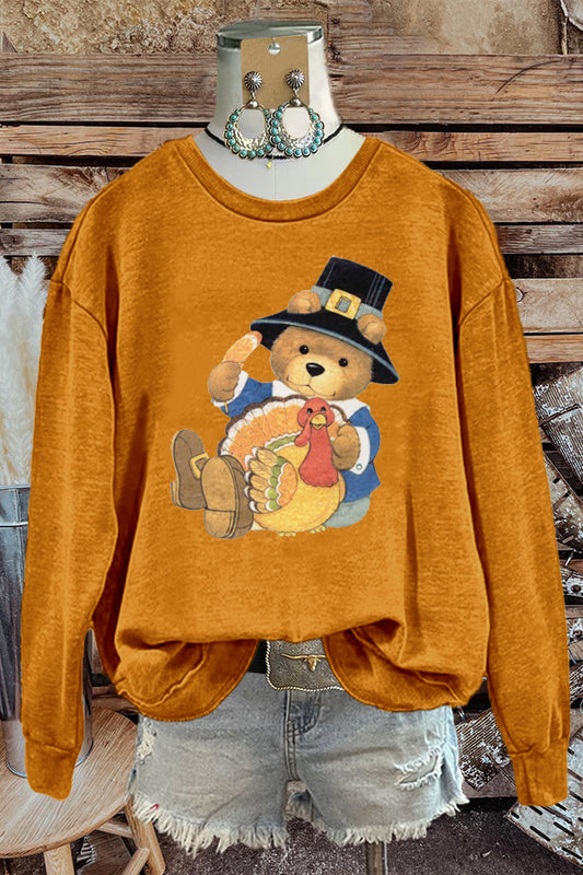 Cute Bear Thanksgiving Turkey Print Sweatshirt