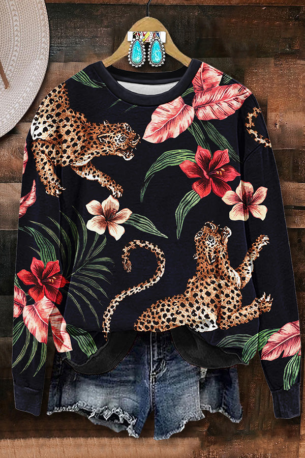 Leopard Botanical Print Sweatshirt