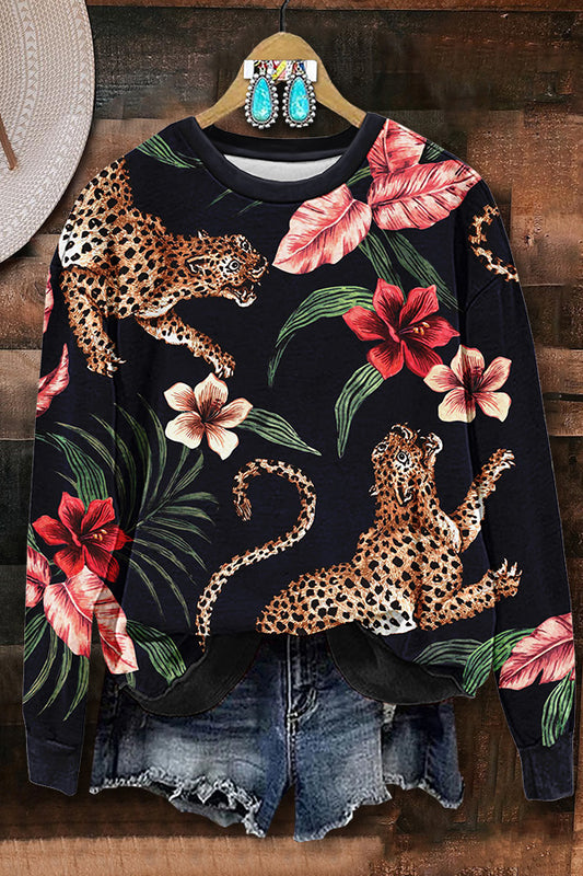 Leopard Botanical Print Sweatshirt