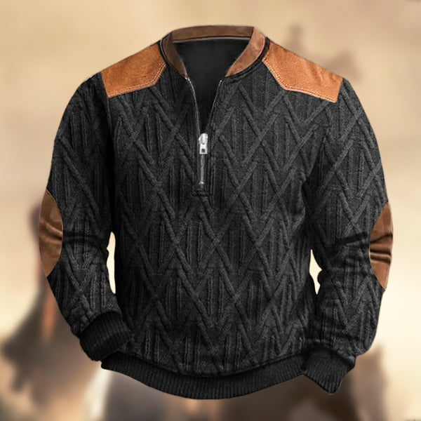 Men's Vintage Western Knit Print Zipper Stand Collar Casual Sweatshirt