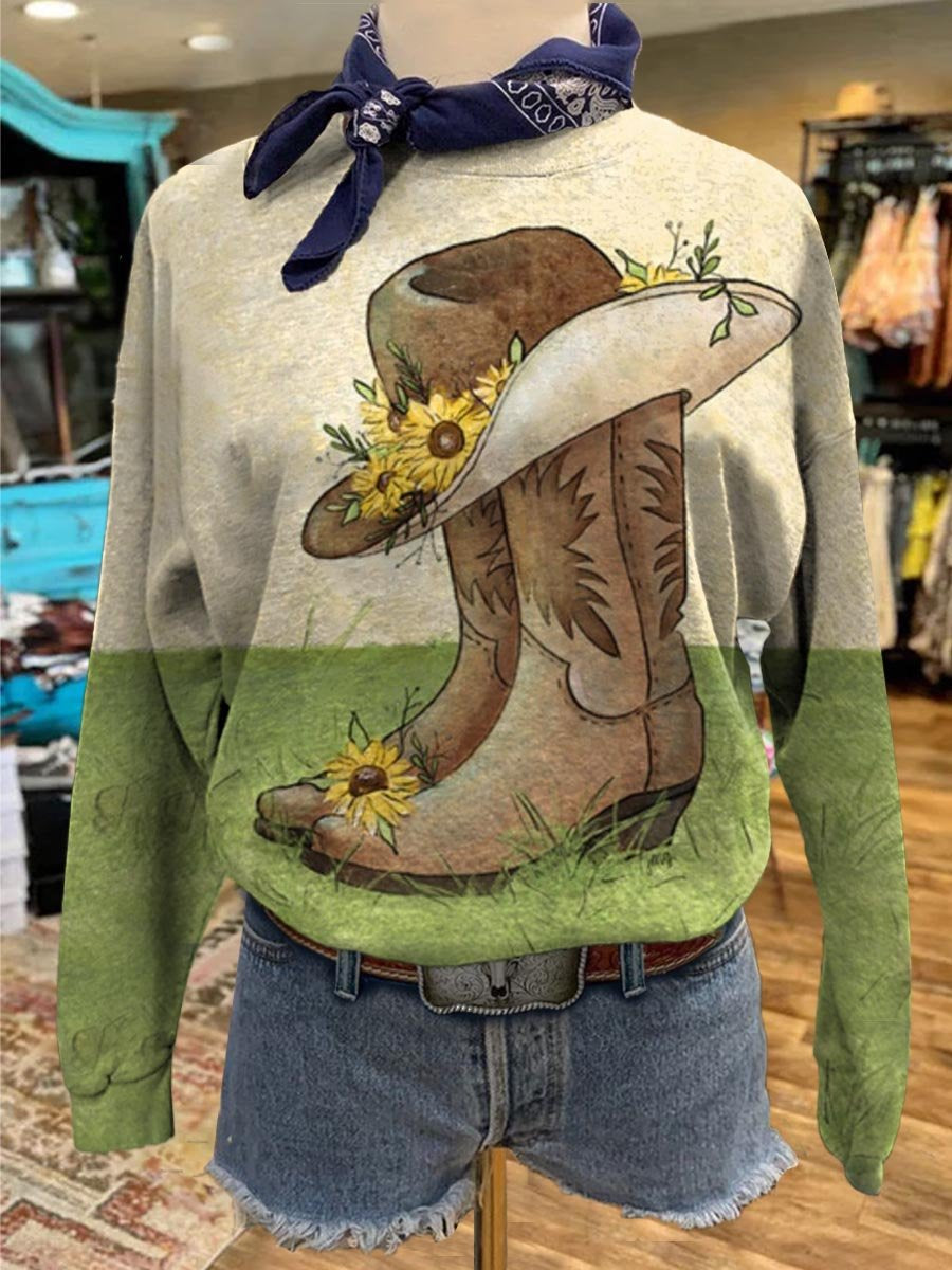 Western Boot and Hat Print Casual Sweatshirt