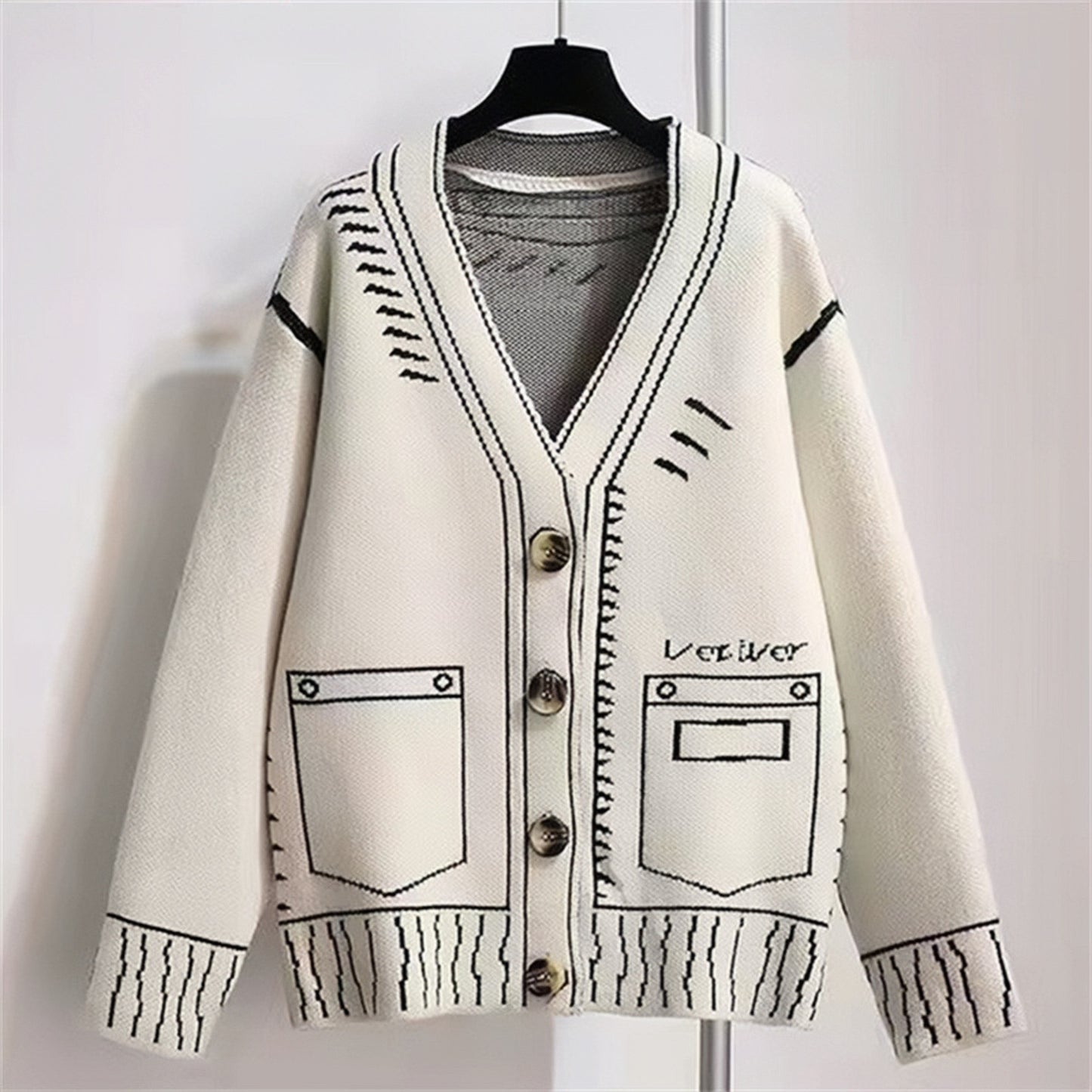 Sweater Black And White Profile Jacquard Loose Knitted Women's Cardigan