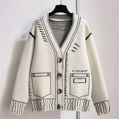 Sweater Black And White Profile Jacquard Loose Knitted Women's Cardigan