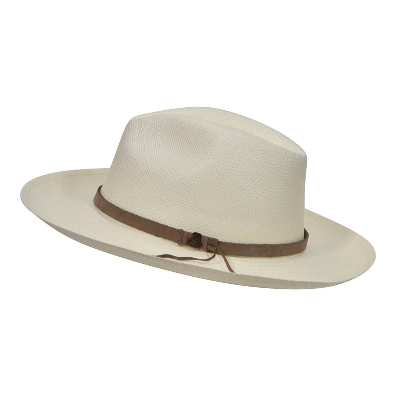 Original Panama Hat - Wide Brim Classic Fedora - White Straw - Brown Leather Band - Handmade in Ecuador by Ecua-Andino - EA-FREE SHIPPING