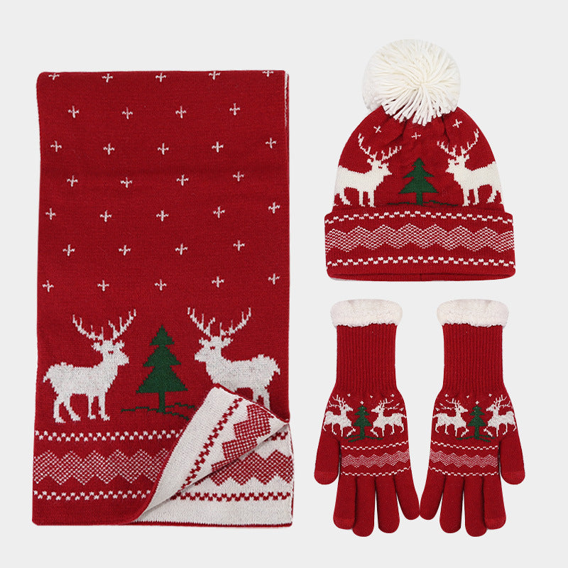 Unisex Christmas Warm Hat Gloves Scarf Knitted Elk Set