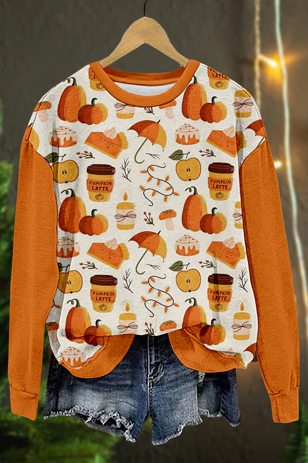 Cute Autumn Pumpkin Latte Print Sweatshirt