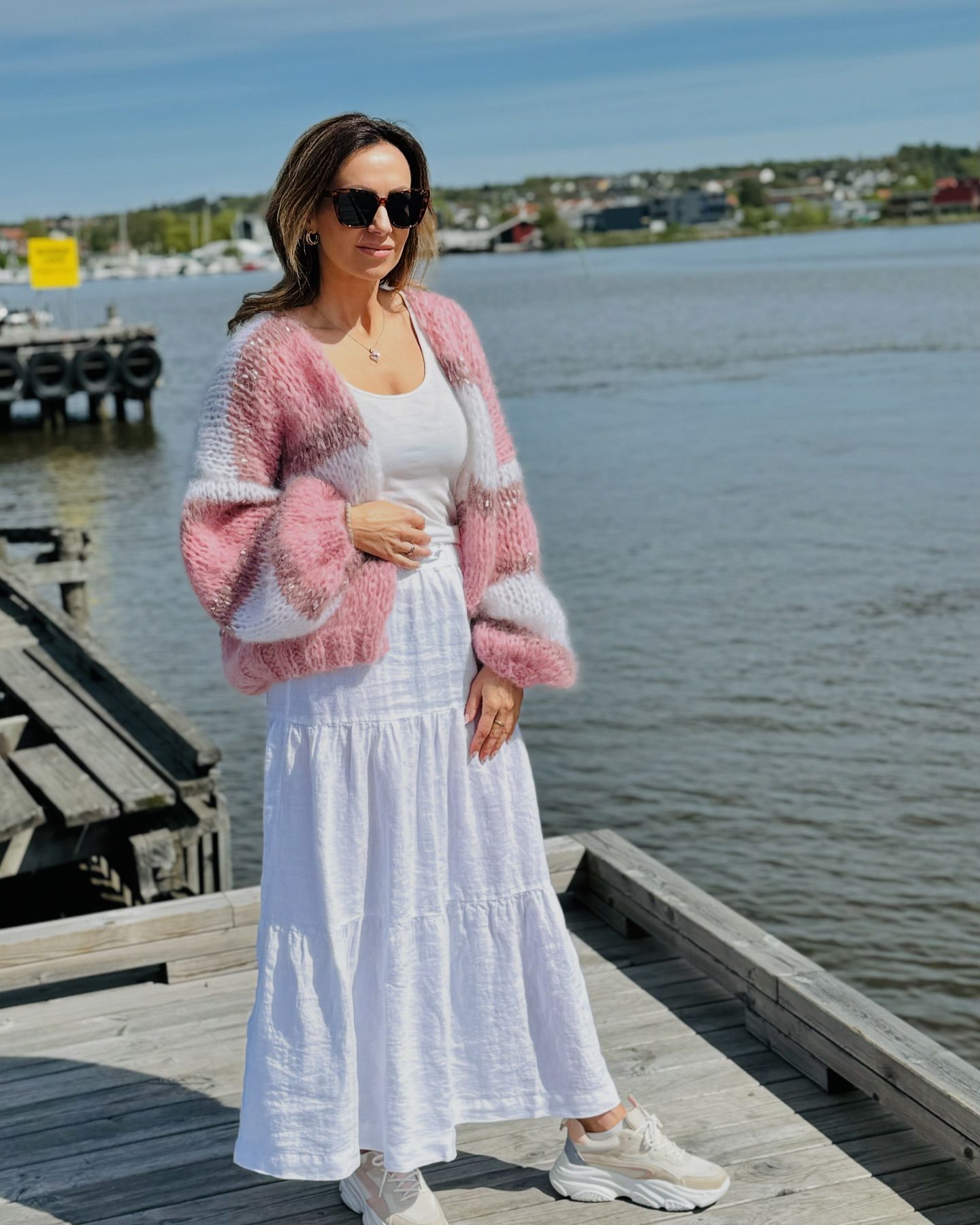 Loose Cardigan Pink and White Knitted Sweater