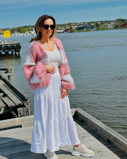 Loose Cardigan Pink and White Knitted Sweater