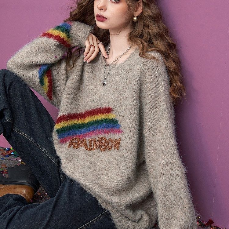 Rainbow Embroidery Loose Round Neck Knitted Sweater