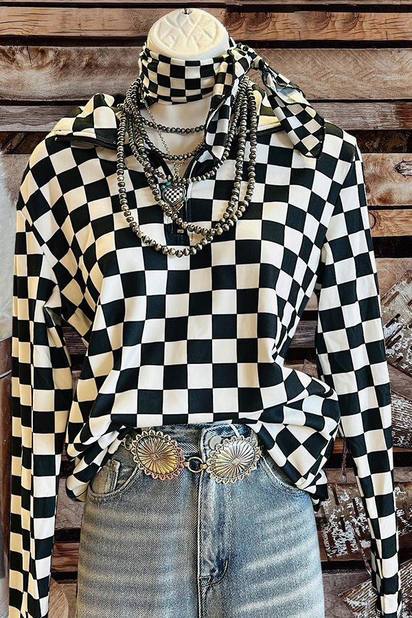 Checkerboard Print Zipper Sweatshirt