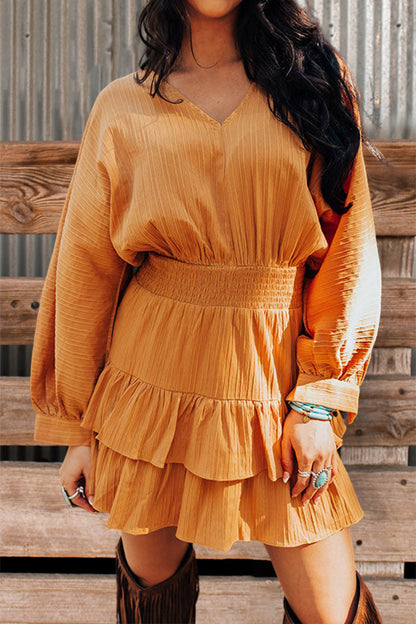 Pretty Ruffled V Neck Long Sleeve Dress