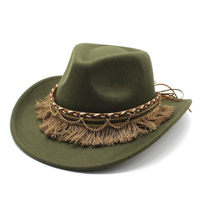 Unisex Fall Vintage Western Cowboy Woolen Tassel Sun Protection Wide Brim Hat