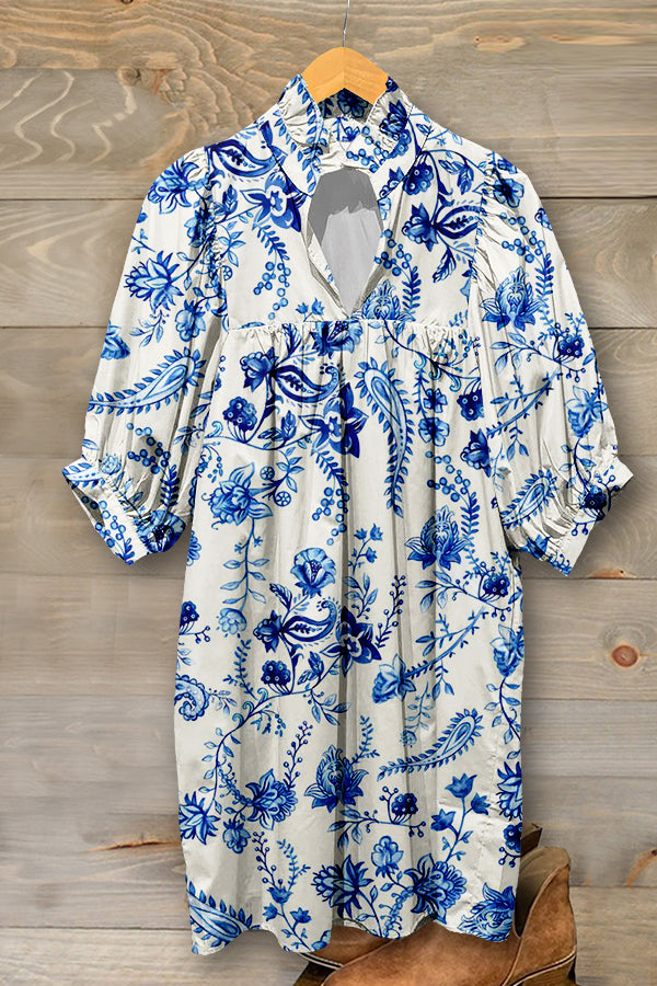 Elegant Floral Print Puff Sleeve Dress