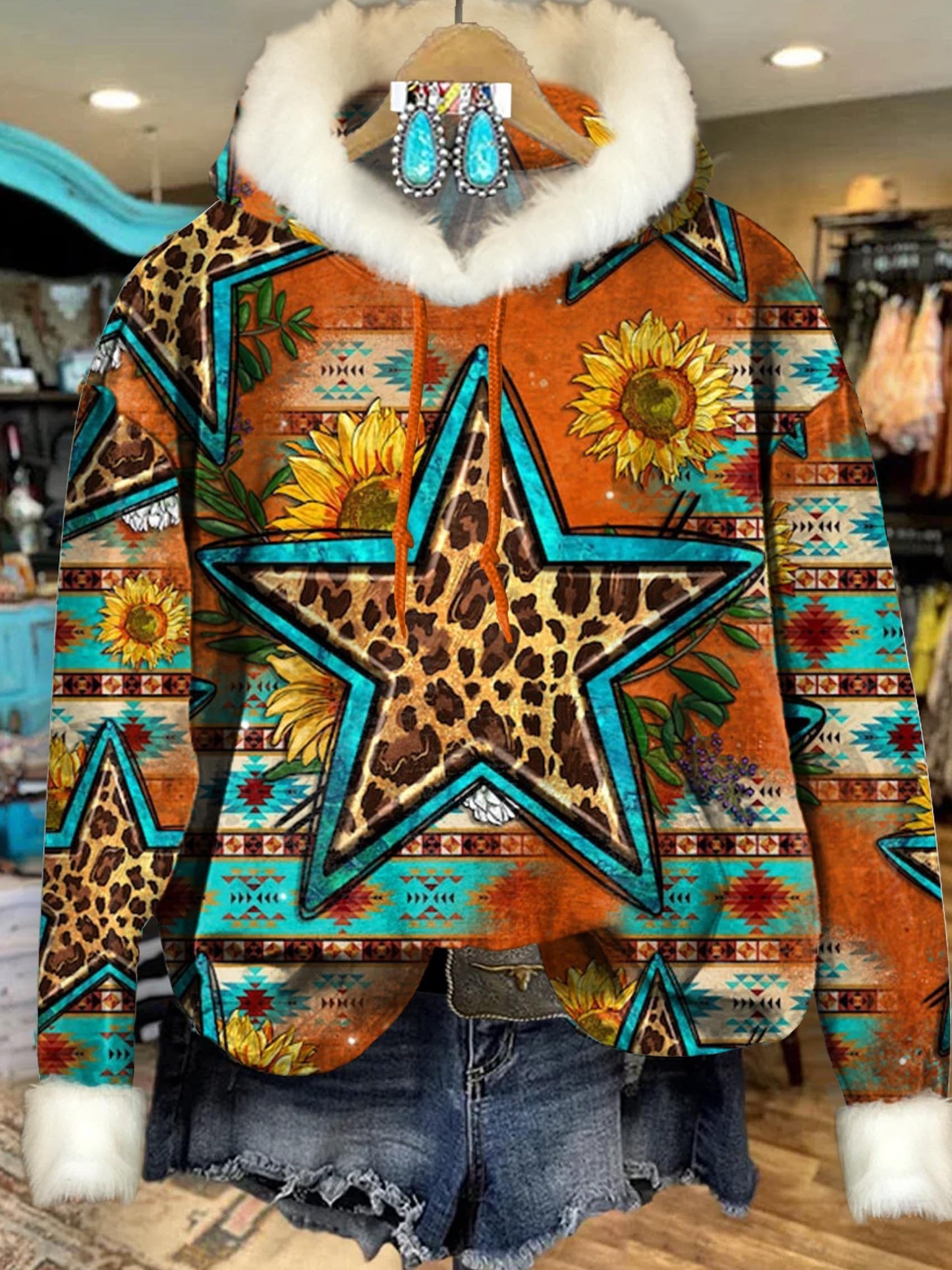 Retro Leopard Stars Floral Art Print Imitation Rabbit Fur Trim Casual Hoodie Sweatshirt