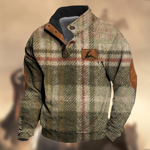 Men's Vintage Country Western Hunting Elk White Green Wool Plaid Print Stand Collar Sweatshirt