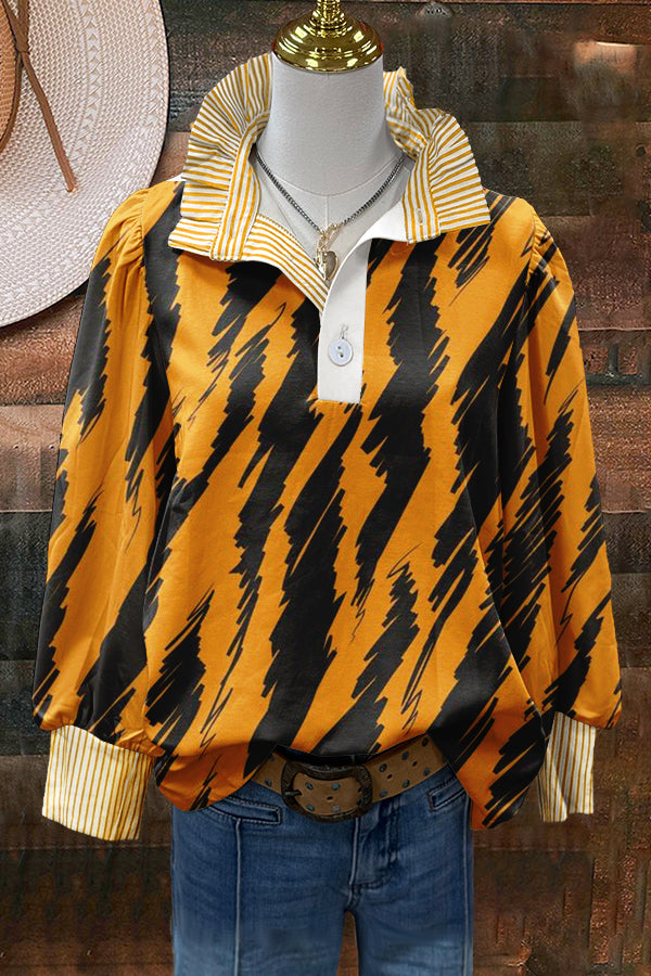 Tiger Stripes Print Stripe Puff Sleeve Blouse