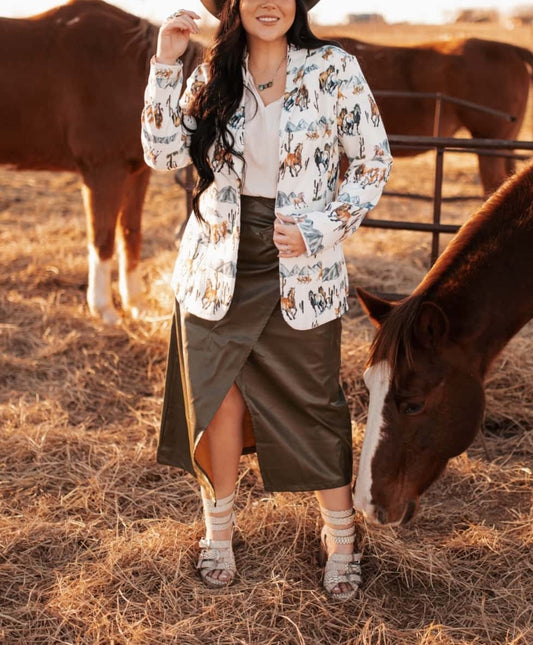 Western Wild  Horses Print Blazer - white