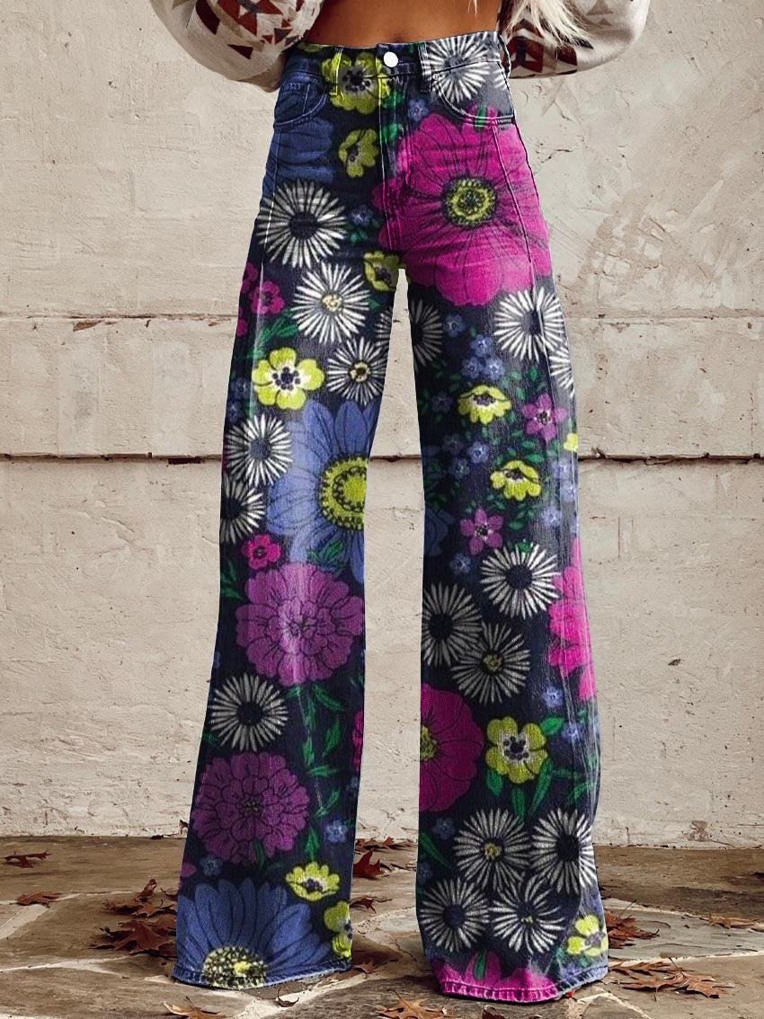 Women's Vintage Floral Print Casual Wide Leg Pants