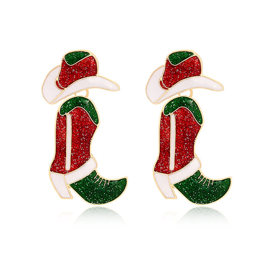 Christmas Western Cowboy Hat Boots Alloy Earrings