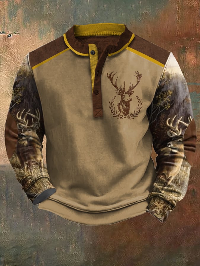 Men's Casual Vintage Contrast Elk Western Sweatshirt