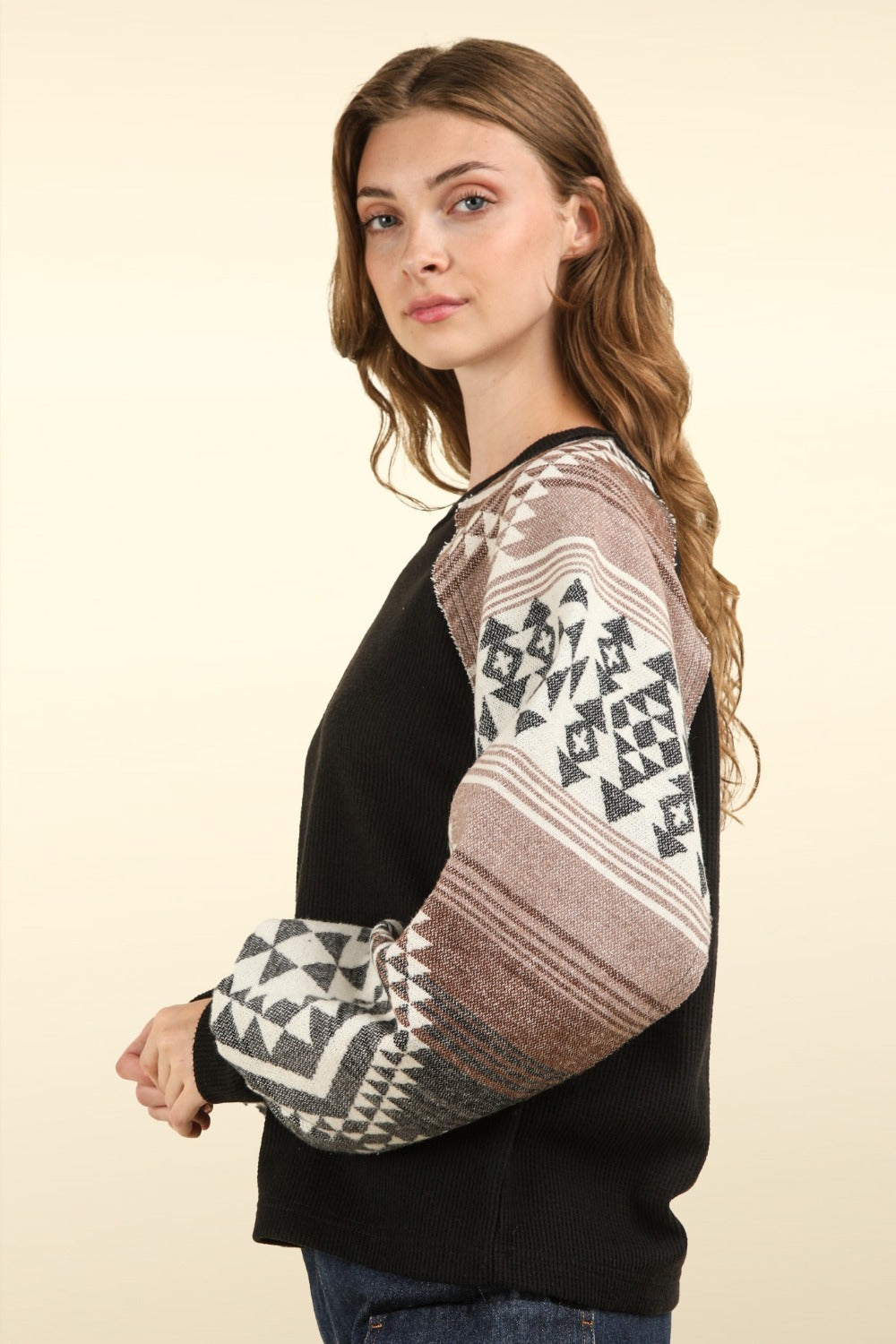 Aztec Printed Long Sleeve Round Neck Knit Top