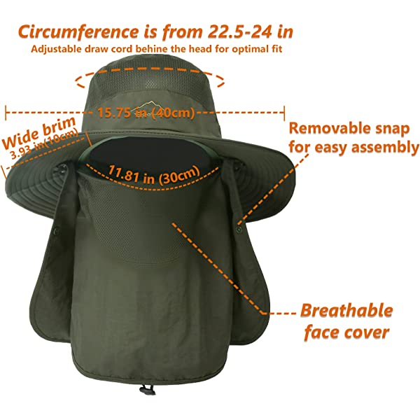 UPF 50+ Sun Fishing Hat for Men Women Wide Brim Hat with Detachable Face Cover & Neck Flap Khaki