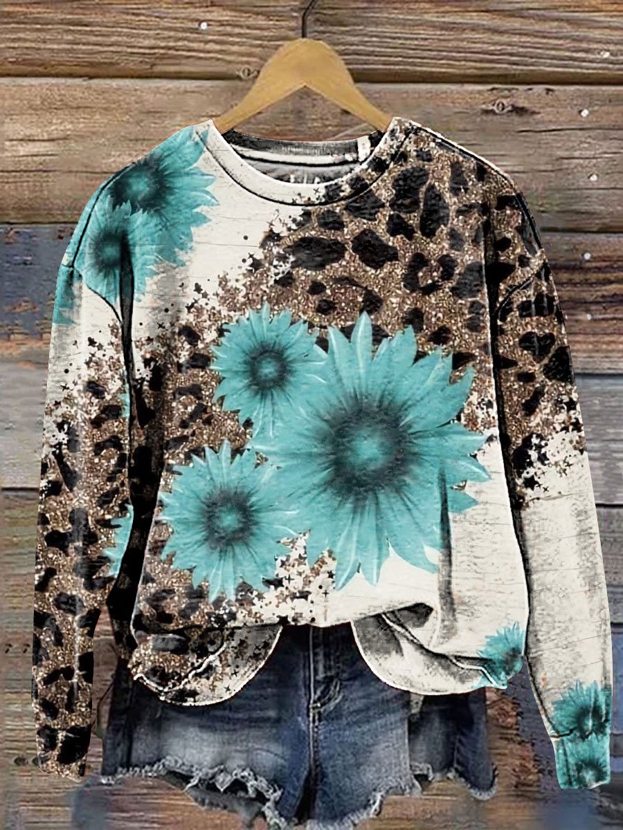 Leopard and Floral Art Print Casual Sweatshirt