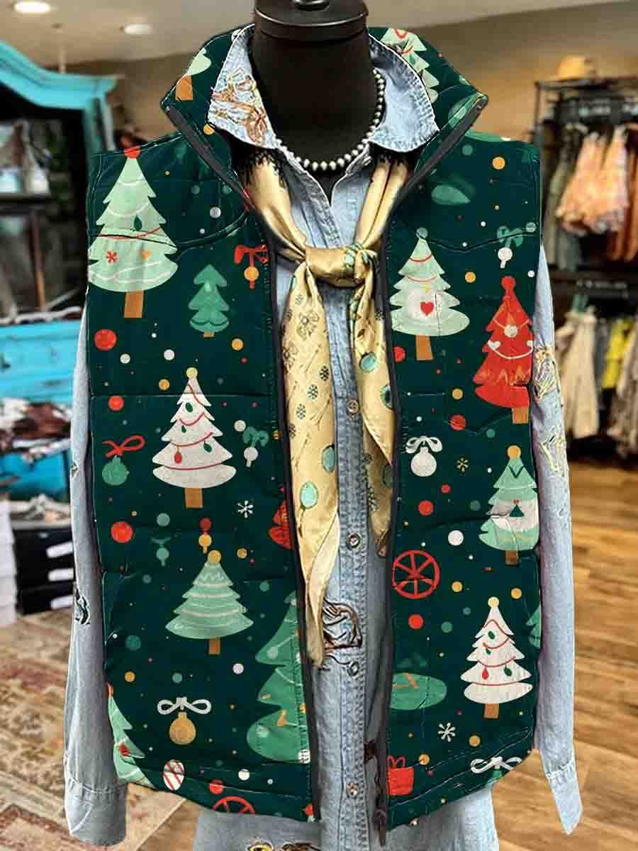 Women's Christmas Tree Print Casual Comfortable Quilted Cotton Vest