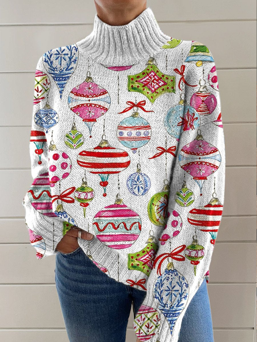 Vintage Christmas Ornaments Art Print Knit Turtleneck Pullover Sweater