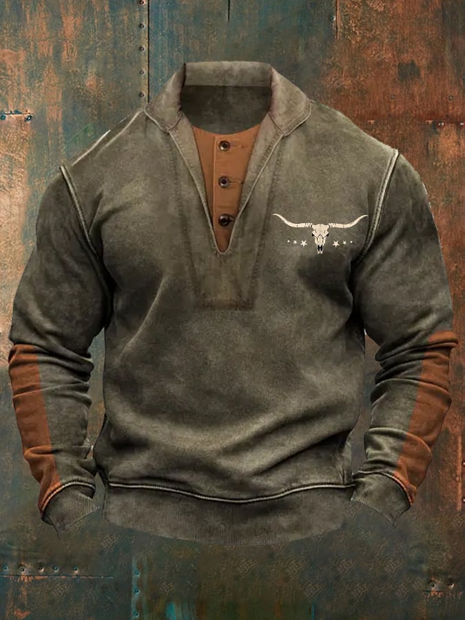 Men's Retro Western Bull Skull Lapel Sweatshirt