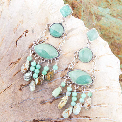 Deco Green Turquoise and Sterling Silver Chandelier Earrings