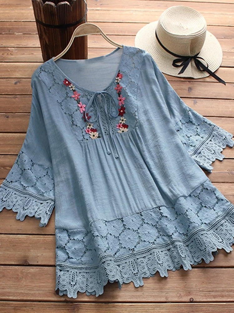 Women's Casual Retro Ethnic Style Embroidered Hollow Cotton Top