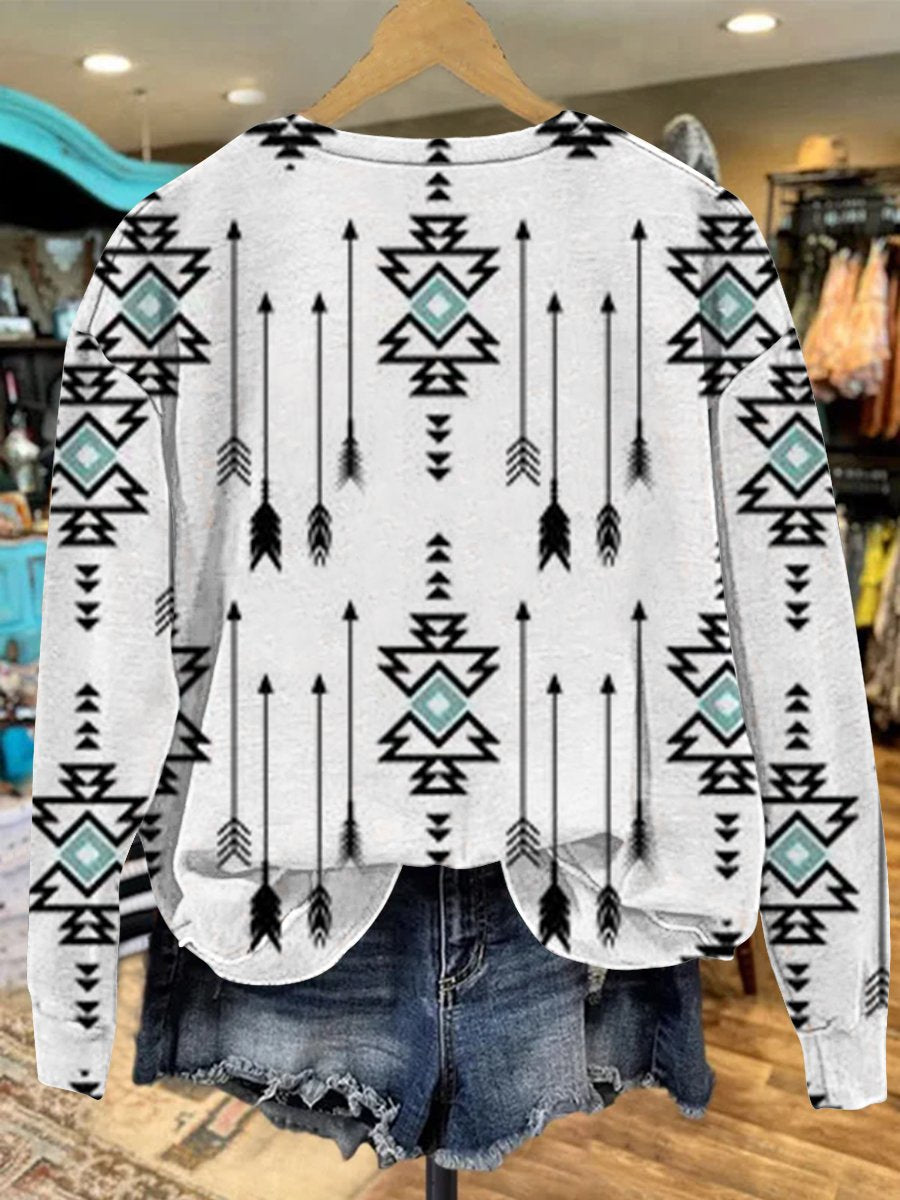 White Vintage Aztec Print Casual Sweatshirt