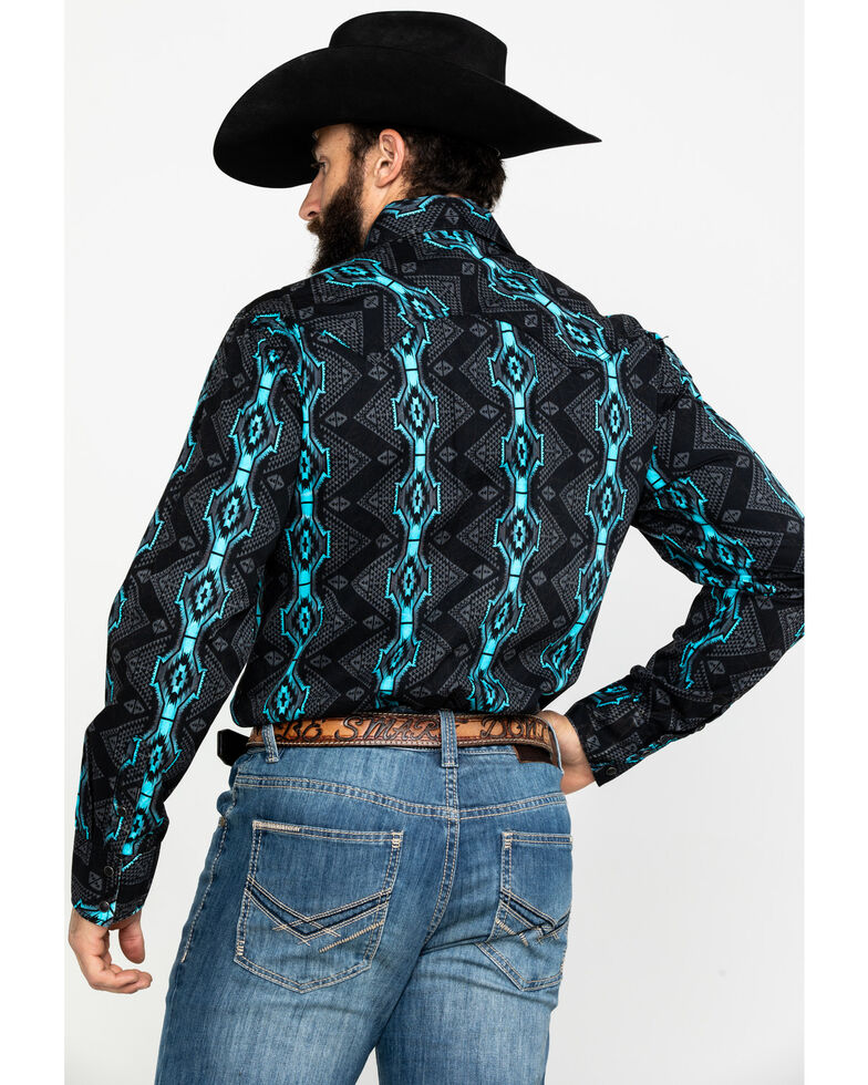 Rock & Roll Denim Men's Teal Vertical Aztec Print Long Sleeve Western Shirt