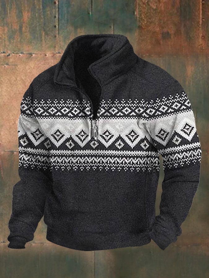 Men's Printed Fur Collar Patchwork Sweatshirt