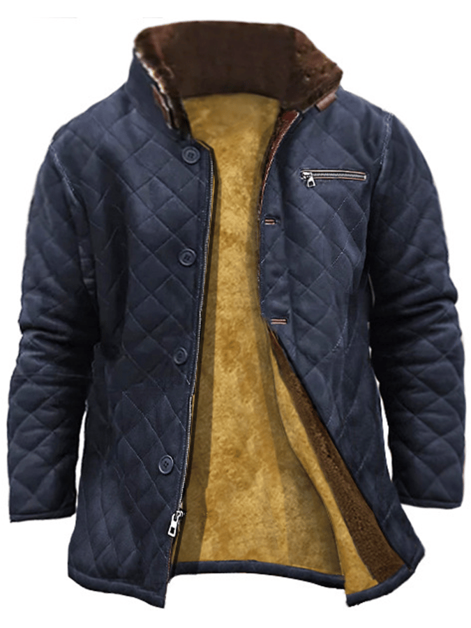 Men's Fashionable Open Pocket Button Design Quilting Imitation Leather Plush Warm Coat