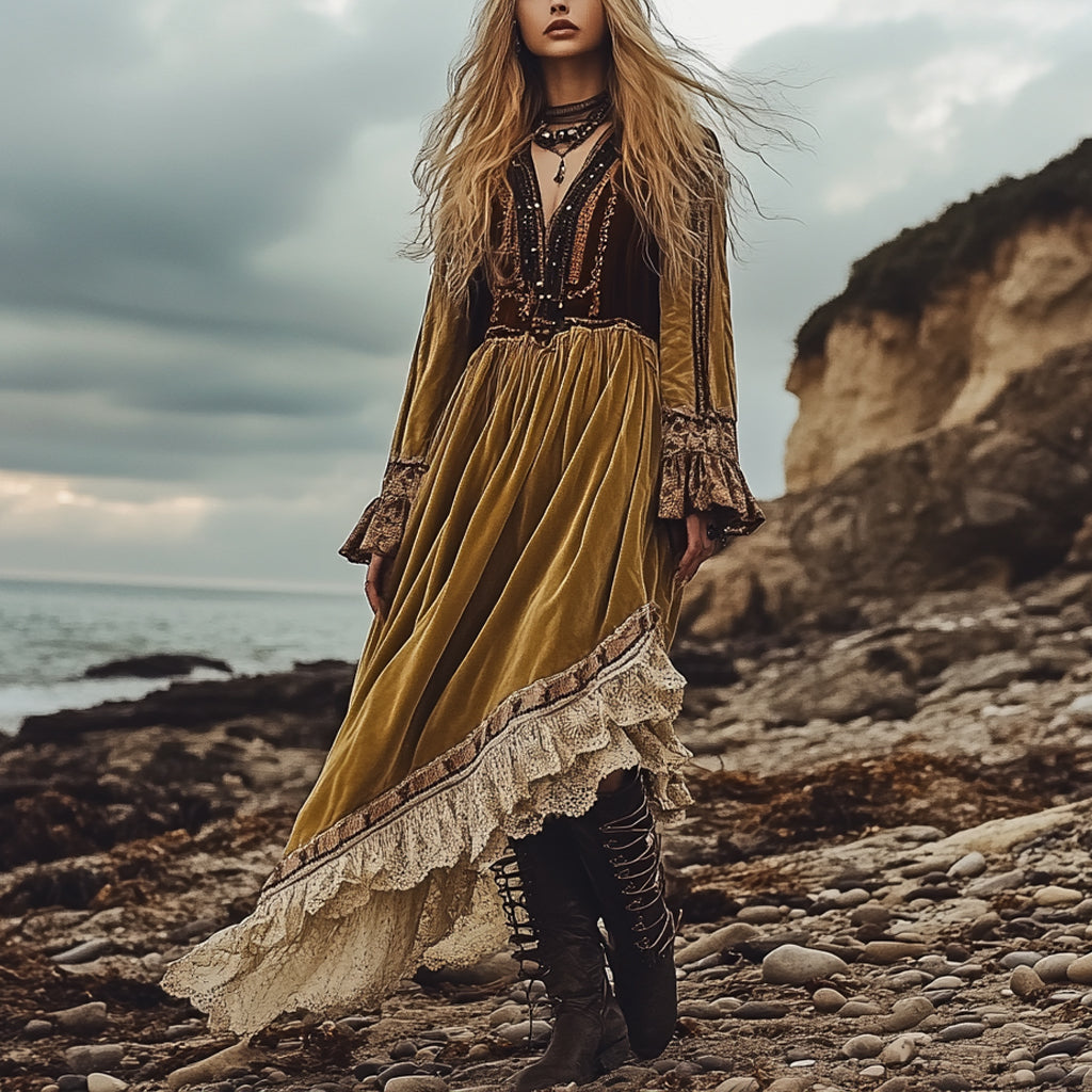 Breezy Bohemian Beach Vacation Autumn And Winter Velvet Ethnic Style Fluttering Dress