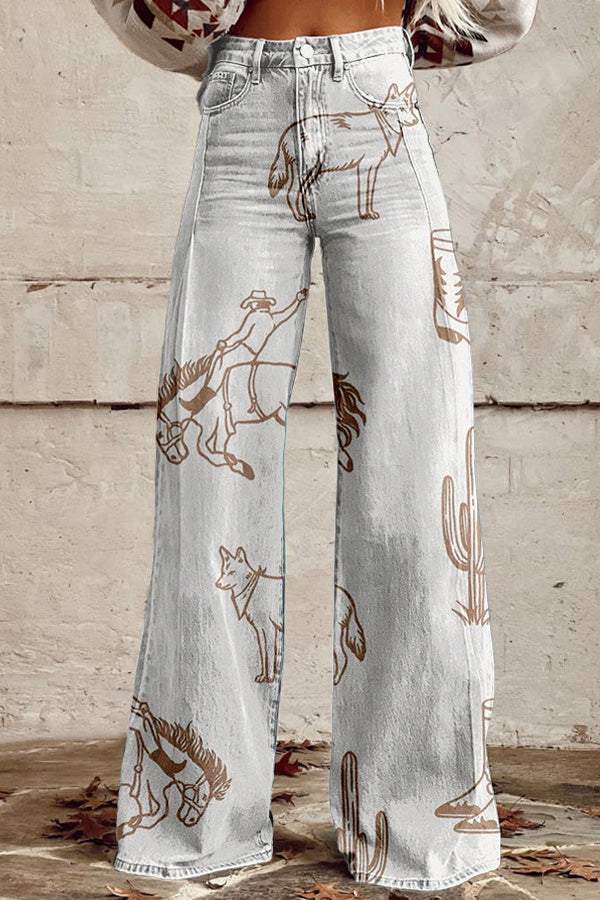 Western Cowboy Wolf Desert Wide Leg Pants